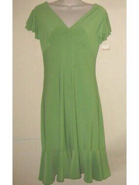 NWT V-neck dress S Green Empire Short sleeve Light poly knit Below knee USA